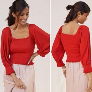 EUC Anthropologie Pilcro Smocked Puff Sleeve Top | Size S | Red Boho